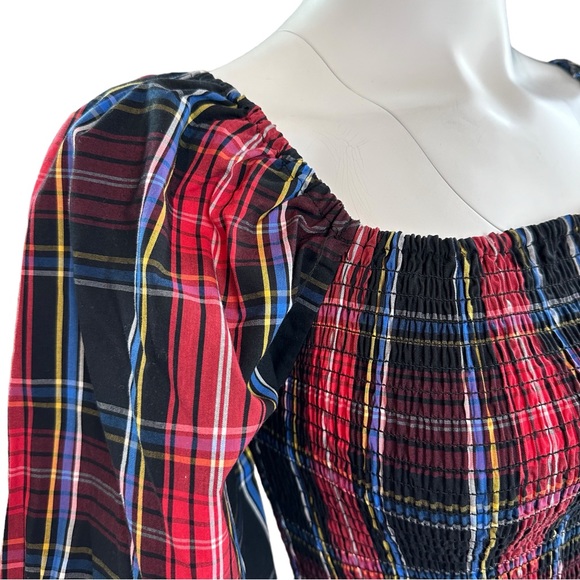 NWT Draper James Smocked Plaid Blouse Elbow Length Puff Sleeves XS - Picture 4 of 8
